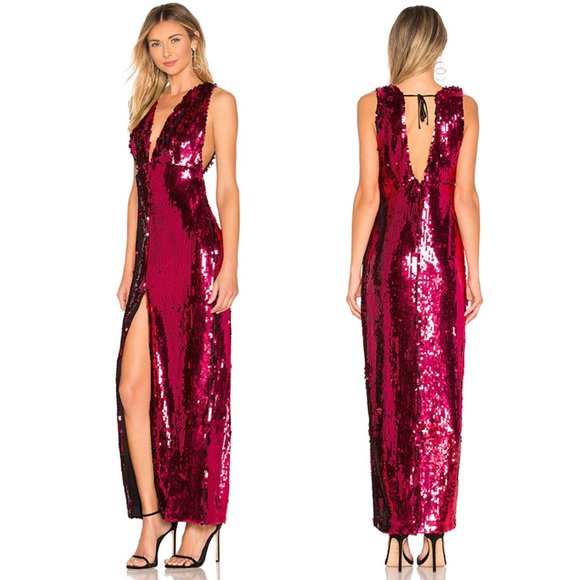 NBD Maeve Sequin Plunging Neck Maxi Slit Gown Red - Picture 2 of 8
